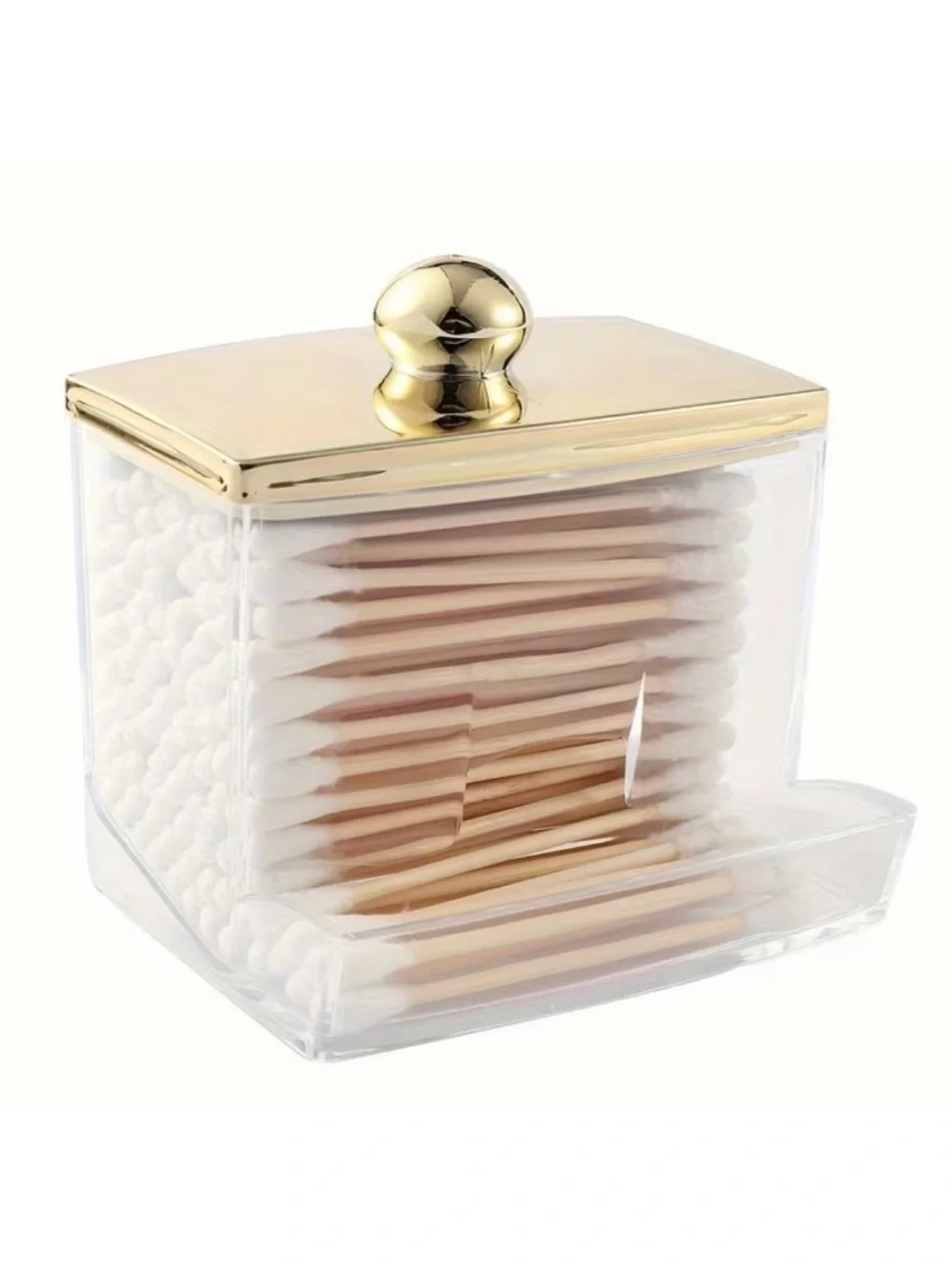 Clear Acrylic Cotton Swab Holder for Bathroom Organization with Gold Top EUC OBO